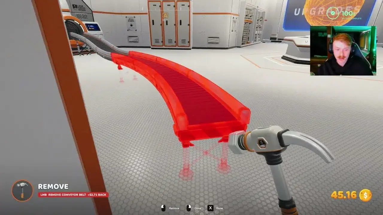 Building Tool in Remove mode with a conveyor belt highlighted red and the prompt to remove it for $2.71 back