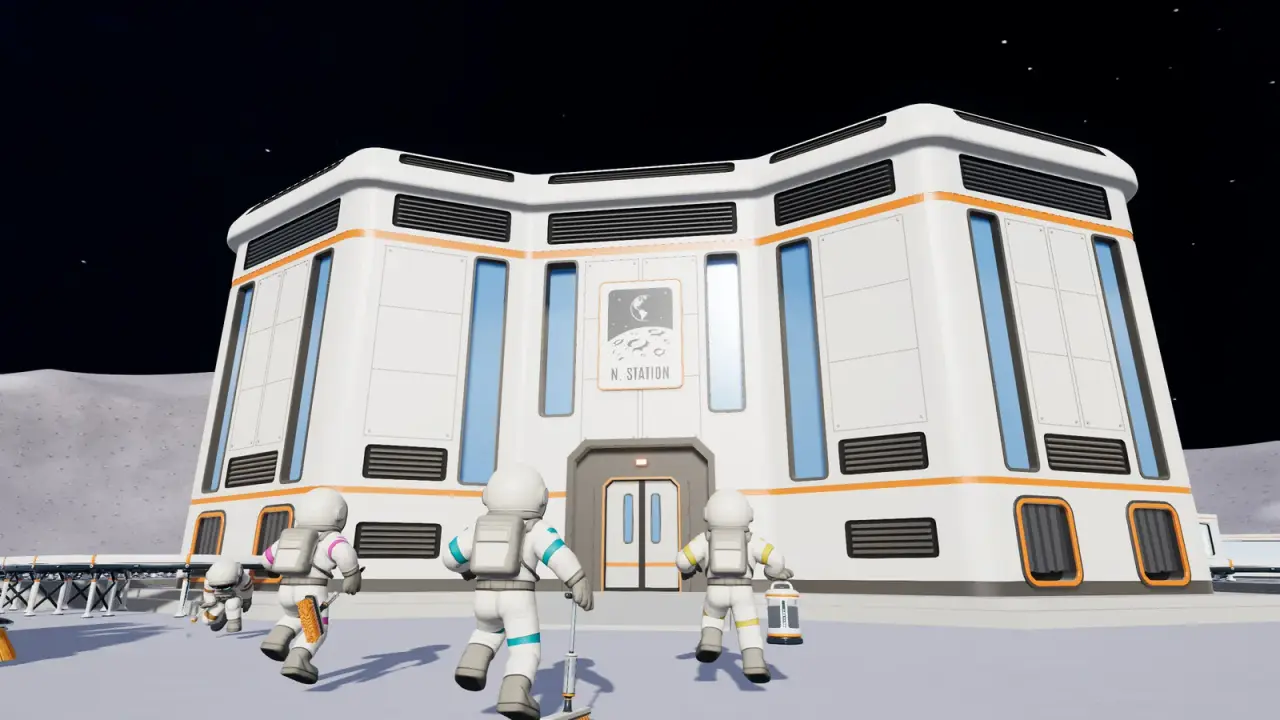 Four astronauts carrying cleaning tools walking toward the entrance of the lunar station building
