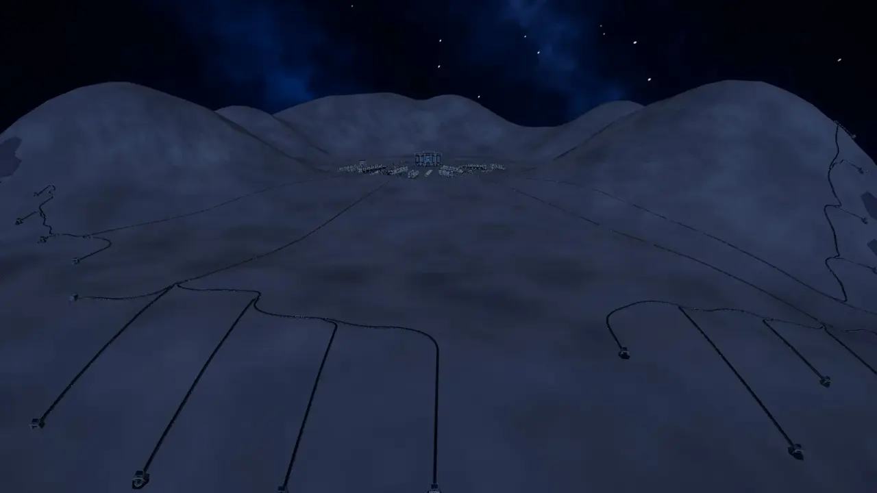Long conveyor belts lying directly on rolling lunar terrain at night, running from robot docks toward a distant station