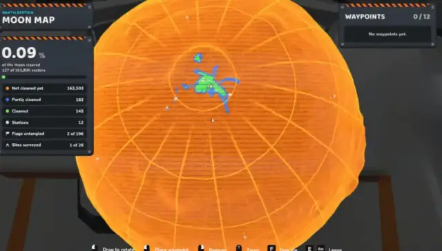 Moon Map with colored sector markers and a legend counting not cleaned, partly cleaned, and cleaned sectors