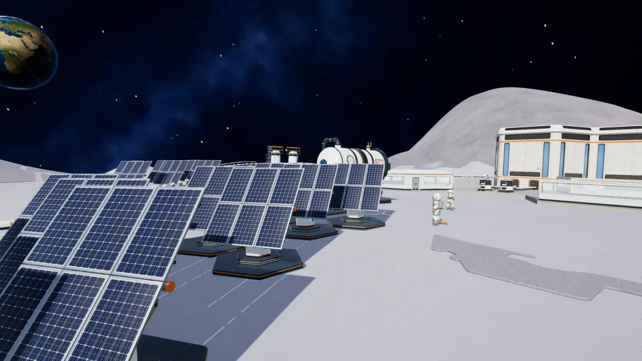 Rows of tracking solar panels on hexagonal bases beside a lunar base with processing machines and the main station