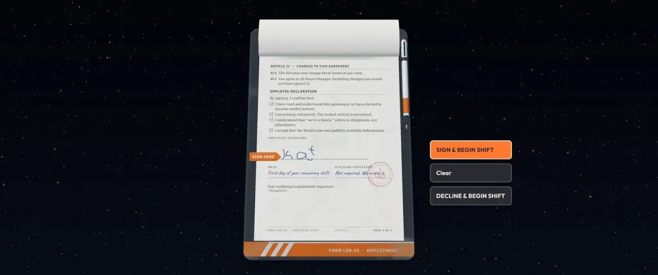Moon Sweepers employment form LSD-01 on a clipboard with Sign and Begin Shift, Clear and Decline buttons