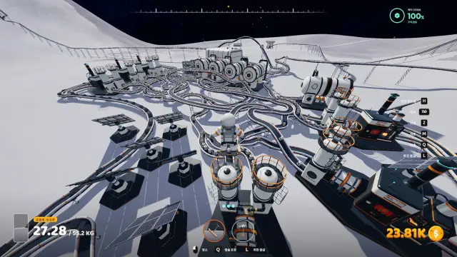 Large automated base with conveyor belts winding between Pressure Chambers, processing machines and solar panels