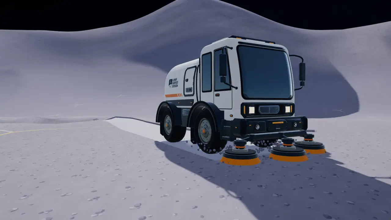 White lunar street-sweeper truck with three orange rotating brushes driving over grey Moon dust