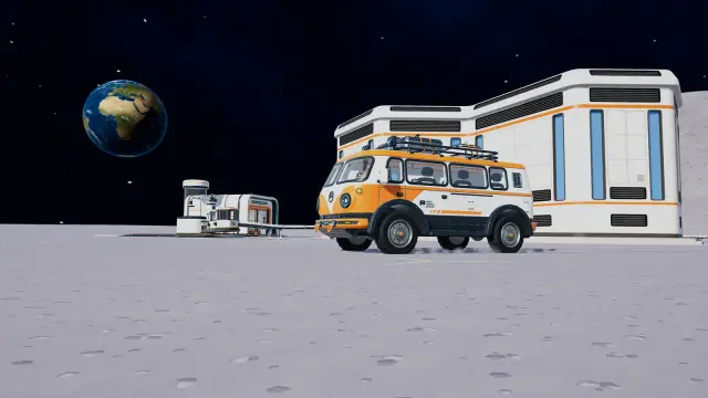 Orange and white crew van parked on the lunar surface beside the station building