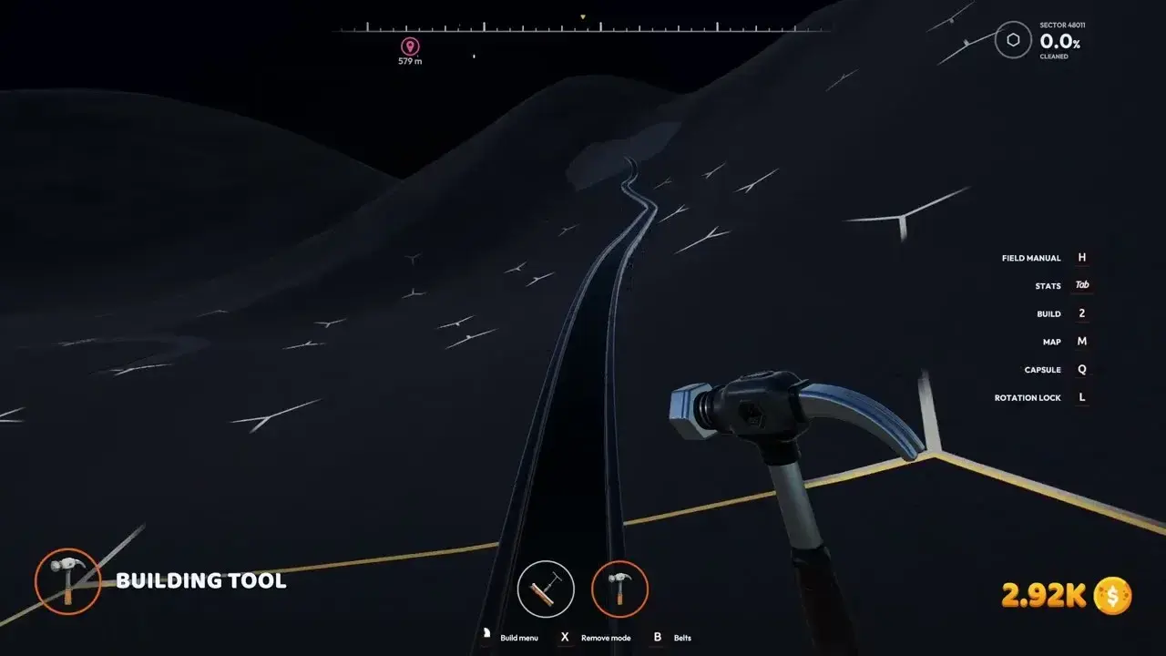 Building Tool HUD with Build menu, X Remove mode and B Belts prompts, plus Build, Map, Capsule and Rotation lock hotkeys