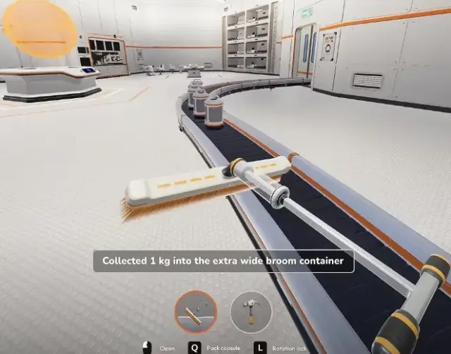 Dust capsules riding a conveyor belt inside the station interior, seen past the player's broom