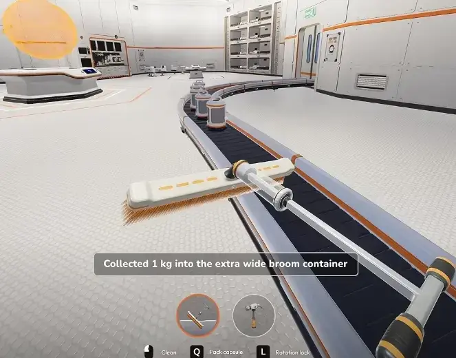 Dust capsules riding a conveyor belt across the station floor while the player holds a broom